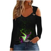 Womens Fashion T-Shirts Off The Shoulder Top Print Pullover Regular Fit Cold Shoulder Tops Long Sleeve Tops Casual Drop Shoulder Pullover Top Top/Shirt Green